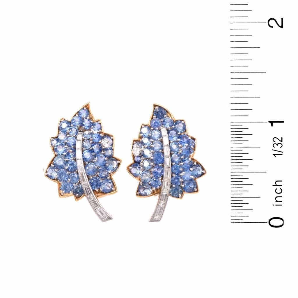 Vintage Diamond Sapphire Cluster Retro Leaves Earrings 1