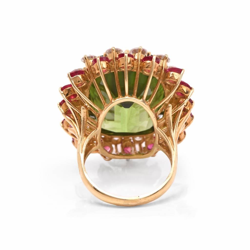  1970's Rare Green Peridot Diamond and Ruby Cocktail Ring In Excellent Condition In Miami, FL