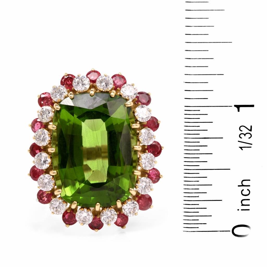  1970's Rare Green Peridot Diamond and Ruby Cocktail Ring 3