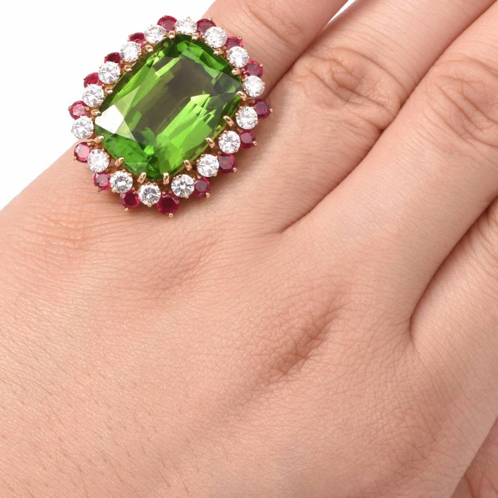 Women's  1970's Rare Green Peridot Diamond and Ruby Cocktail Ring