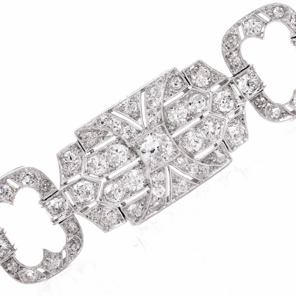 Women's Antique Art Deco 12.32 Carat Diamond Platinum Wide Link Bracelet