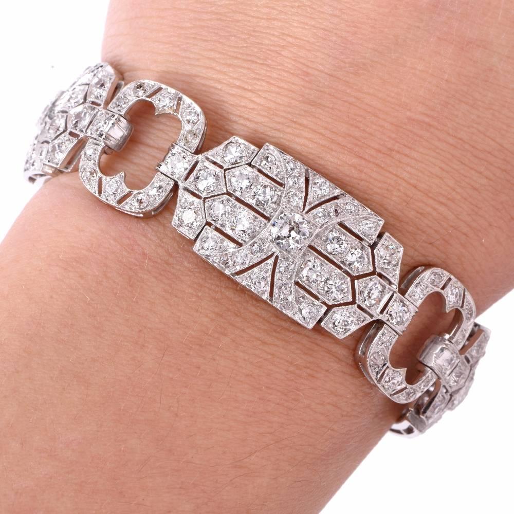 Antique Art Deco 12.32 Carat Diamond Platinum Wide Link Bracelet In Excellent Condition In Miami, FL