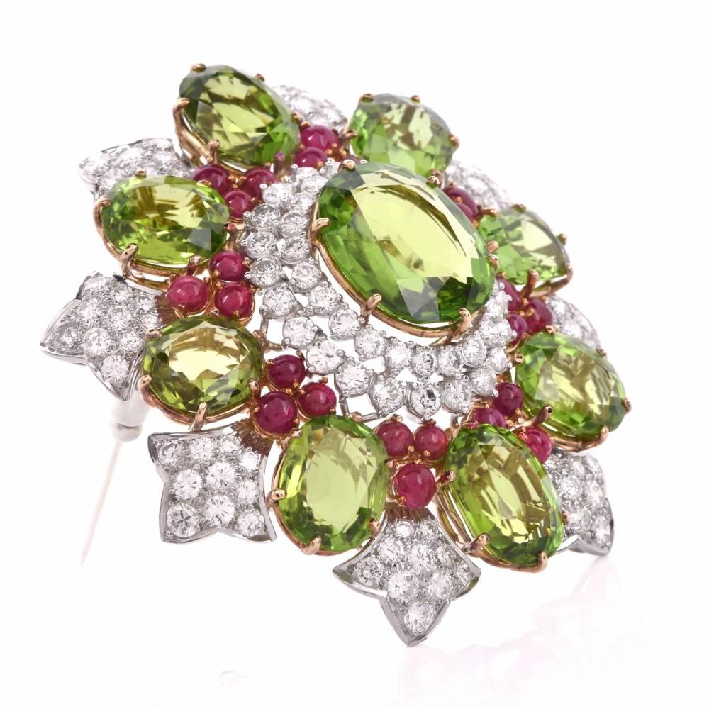 1980s Peridot Ruby Diamond Gold Impressive Brooch Pin and Pendant In Excellent Condition In Miami, FL