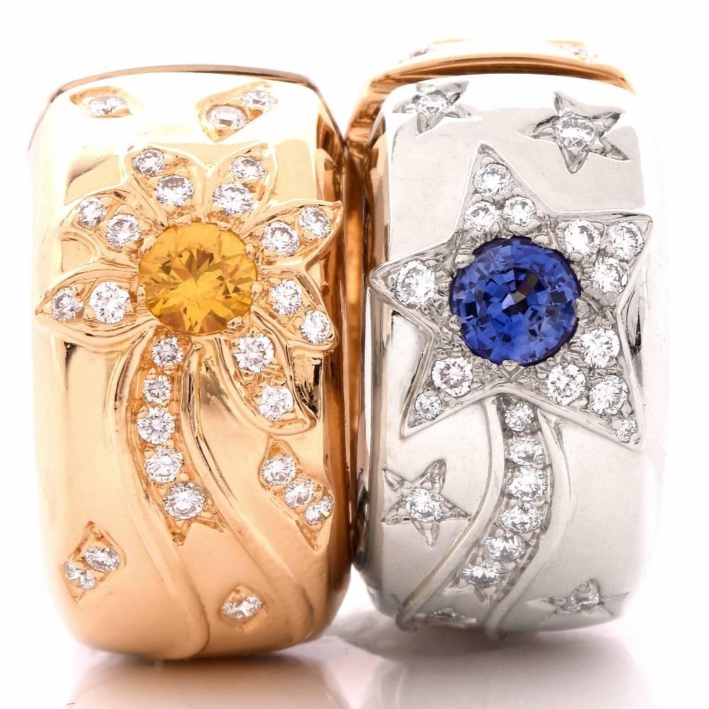 Chanel Reversible Star Sun Diamond Sapphire Earrings In Excellent Condition In Miami, FL