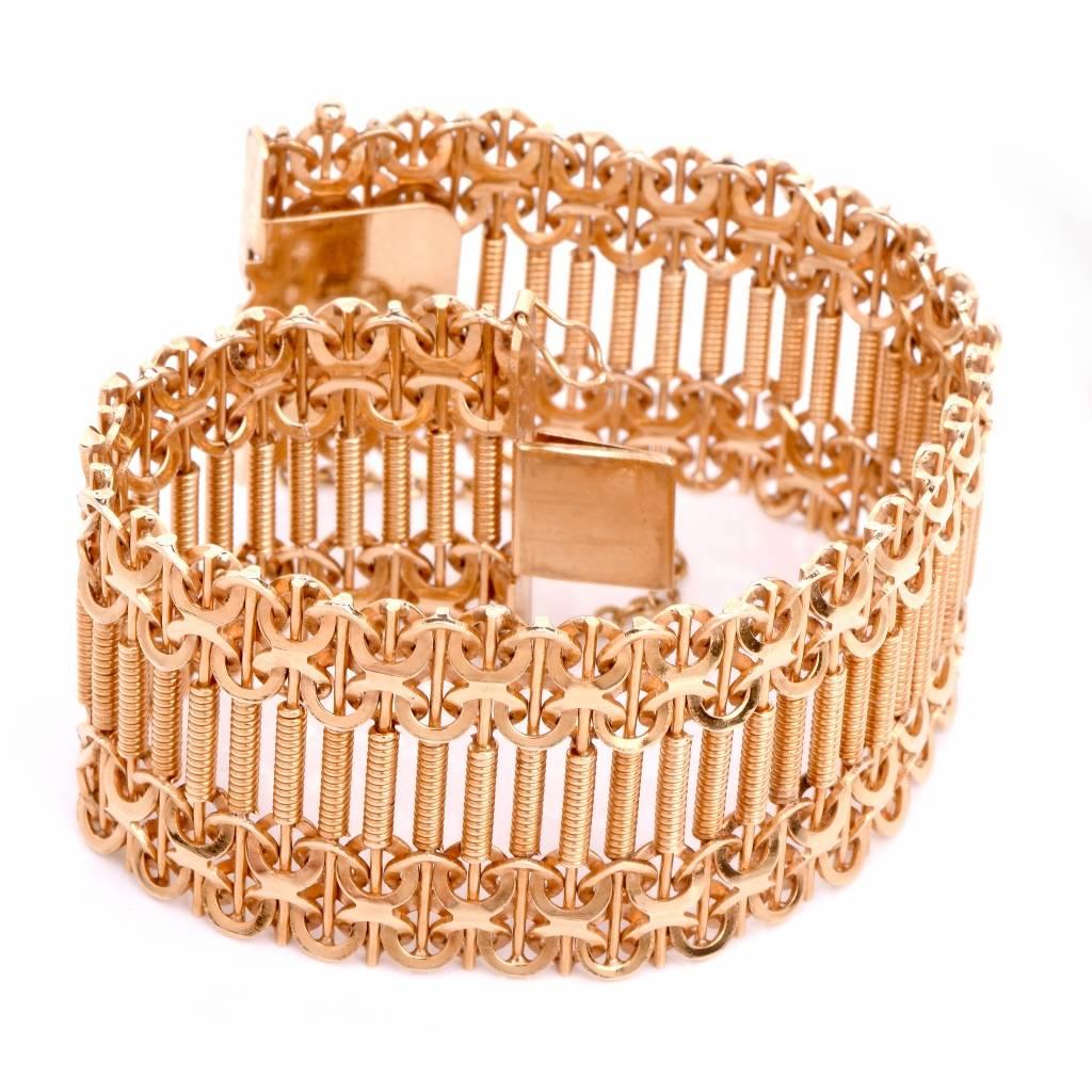 Etruscan Revival Retro Machine Age Design Wide Rose Gold Mesh Bracelet