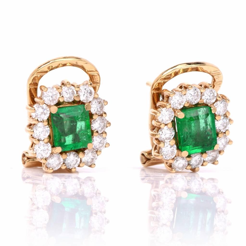 Colombian Emerald Diamond Yellow Gold Clip-Back Stud Earrings In Excellent Condition In Miami, FL