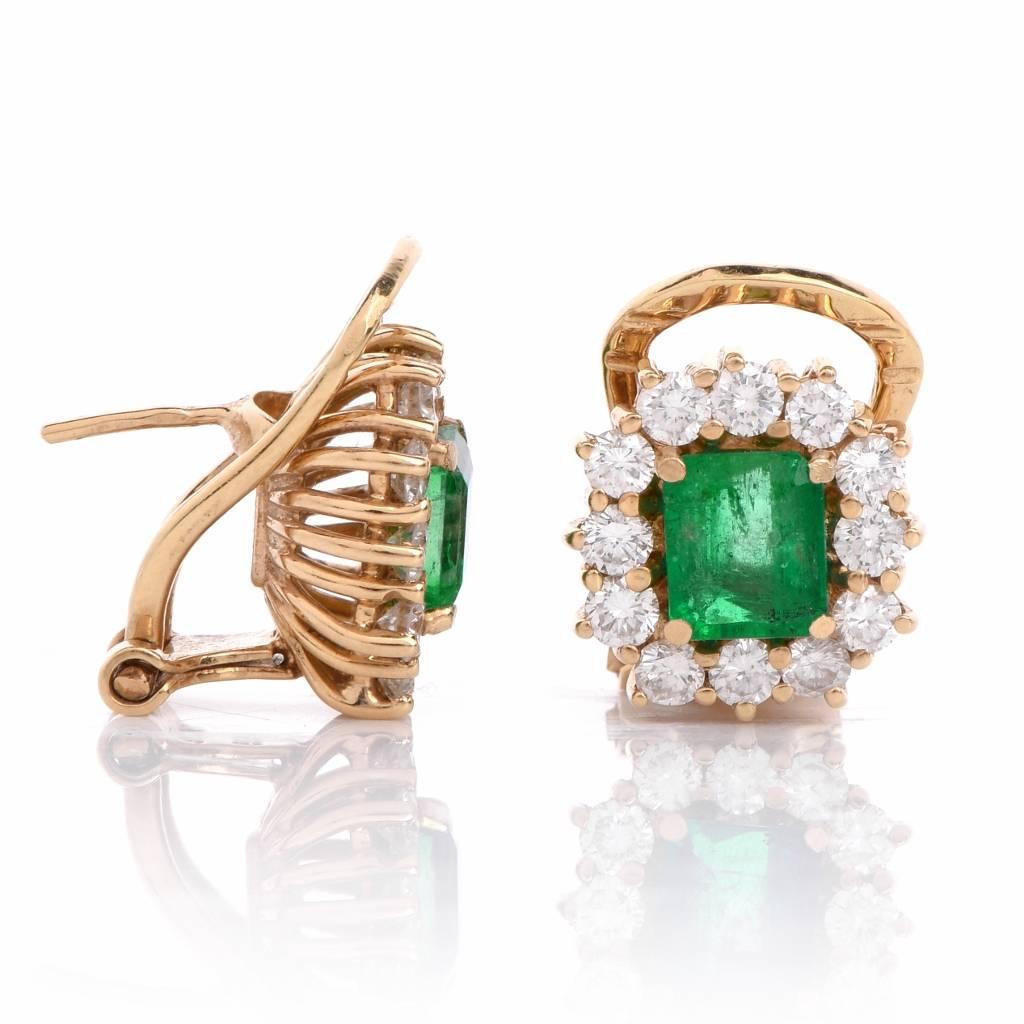 Colombian Emerald Diamond Yellow Gold Clip-Back Stud Earrings 1