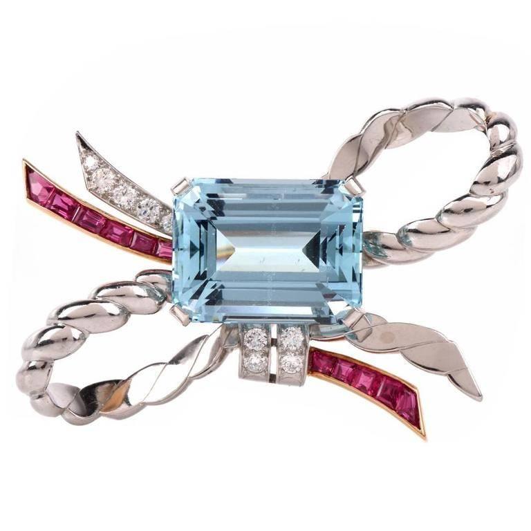Retro Oscar Heyman Aquamarine Ruby Diamond Gold Platinum Ribbon Bow Pin
