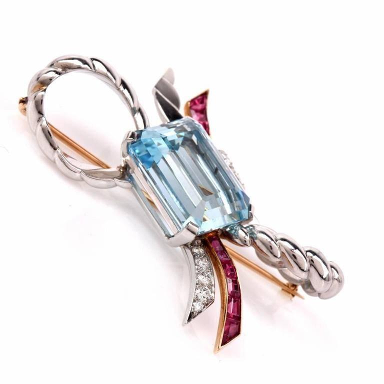 Retro Oscar Heyman Aquamarine Ruby Diamond Gold Platinum Ribbon Bow Pin 2