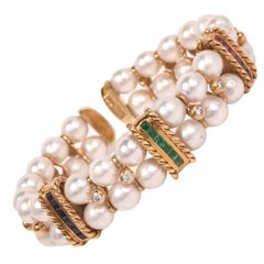 Italian Multi Gem Diamond Akoya Pearl 18 Karat Gold Bangle Bracelet