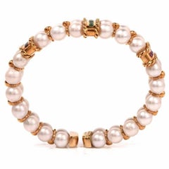 Italian Multi Gem Diamond Akoya Pearl 18 Karat Gold Bangle Bracelet