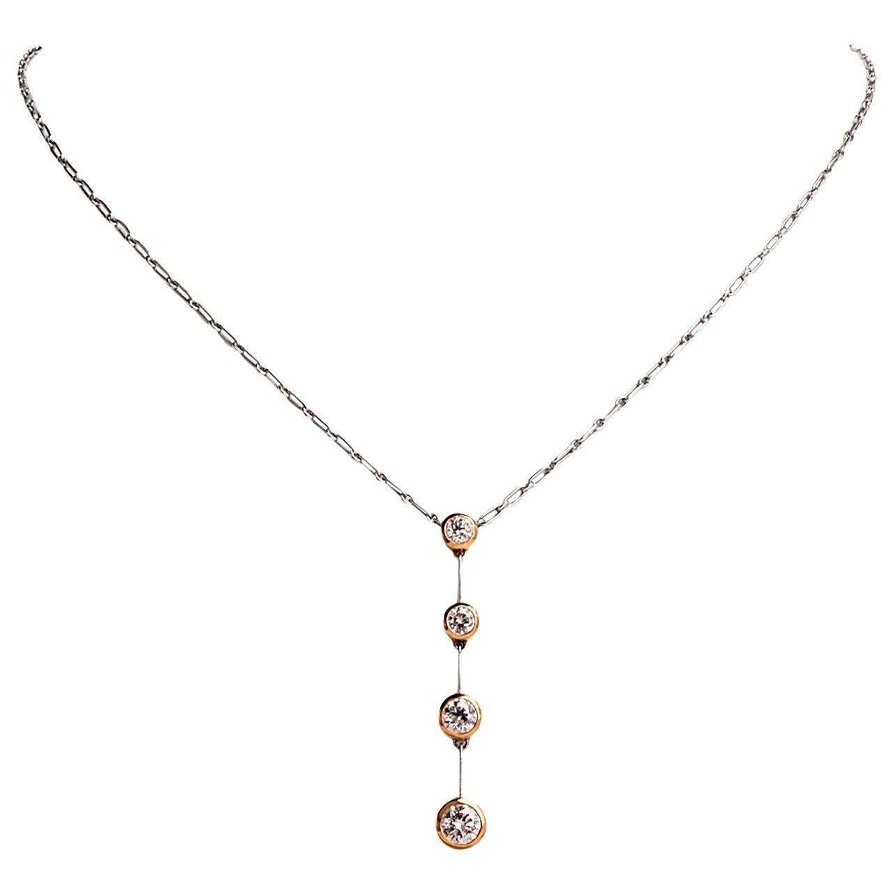 1980s Diamond Drop Platinum and Gold Pendant Necklace In Excellent Condition In Miami, FL