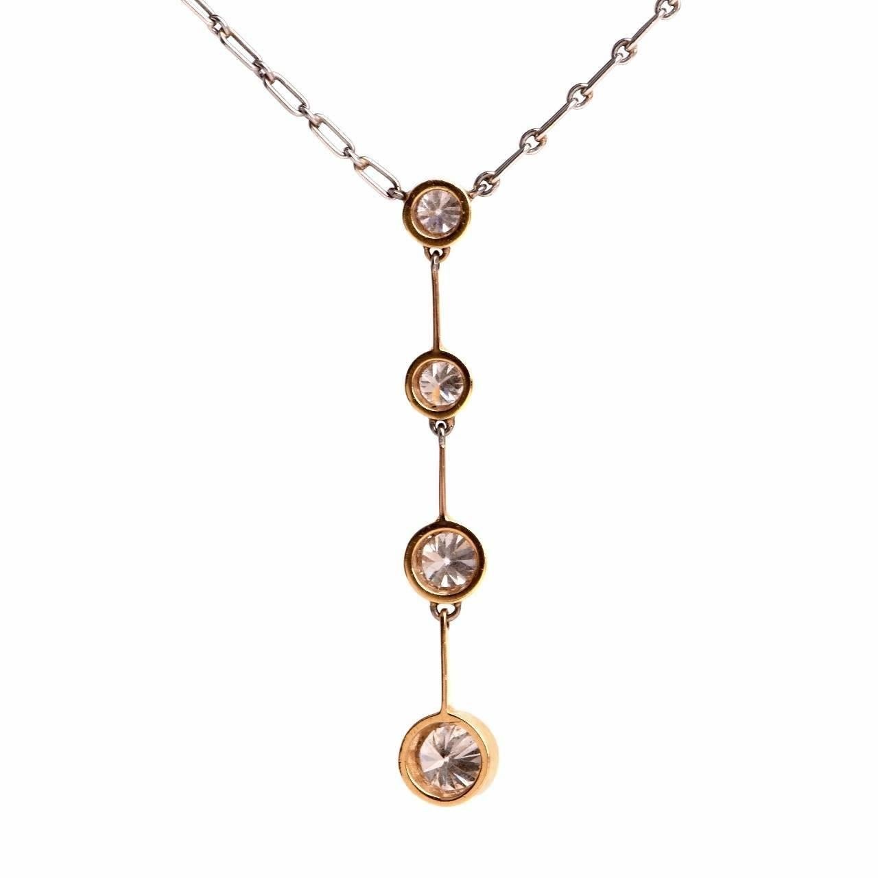 Women's or Men's 1980s Diamond Drop Platinum and Gold Pendant Necklace