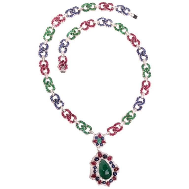 Women's 1960s Emerald Ruby Sapphire Diamond Gold Pendant