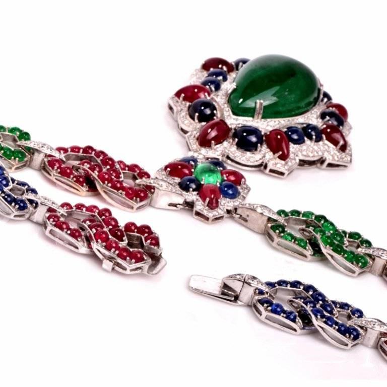 1960s Emerald Ruby Sapphire Diamond Gold Pendant In Excellent Condition In Miami, FL