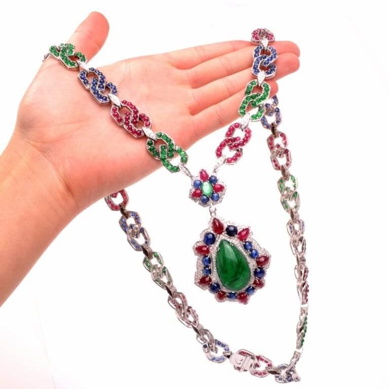 1960s Emerald Ruby Sapphire Diamond Gold Pendant 3