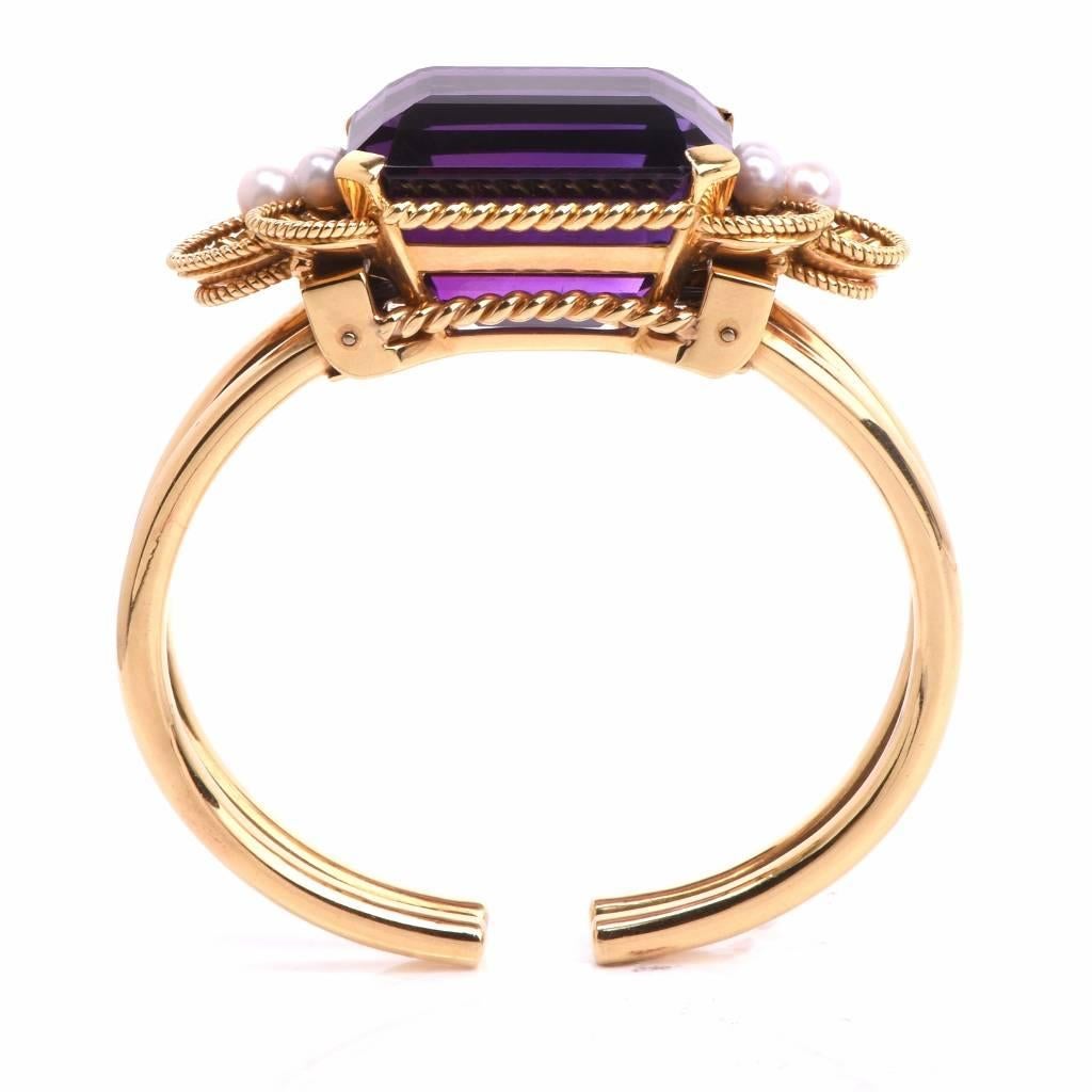 This authentic Gueblin vintage Retro cuff bracelet with amethyst and seed pearls is of Swiss provenance, bears the authentic signature of Gueblin, the purity mark of '750' and the Ref. # 261864. This alluringly attractive and elegant cuff bracelet