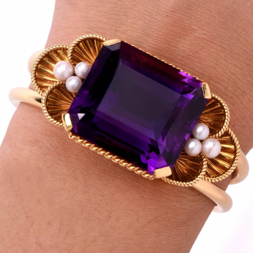Gueblin Vintage Retro Amethyst Seed Pearl Cuff Bangle Bracelet In Excellent Condition In Miami, FL