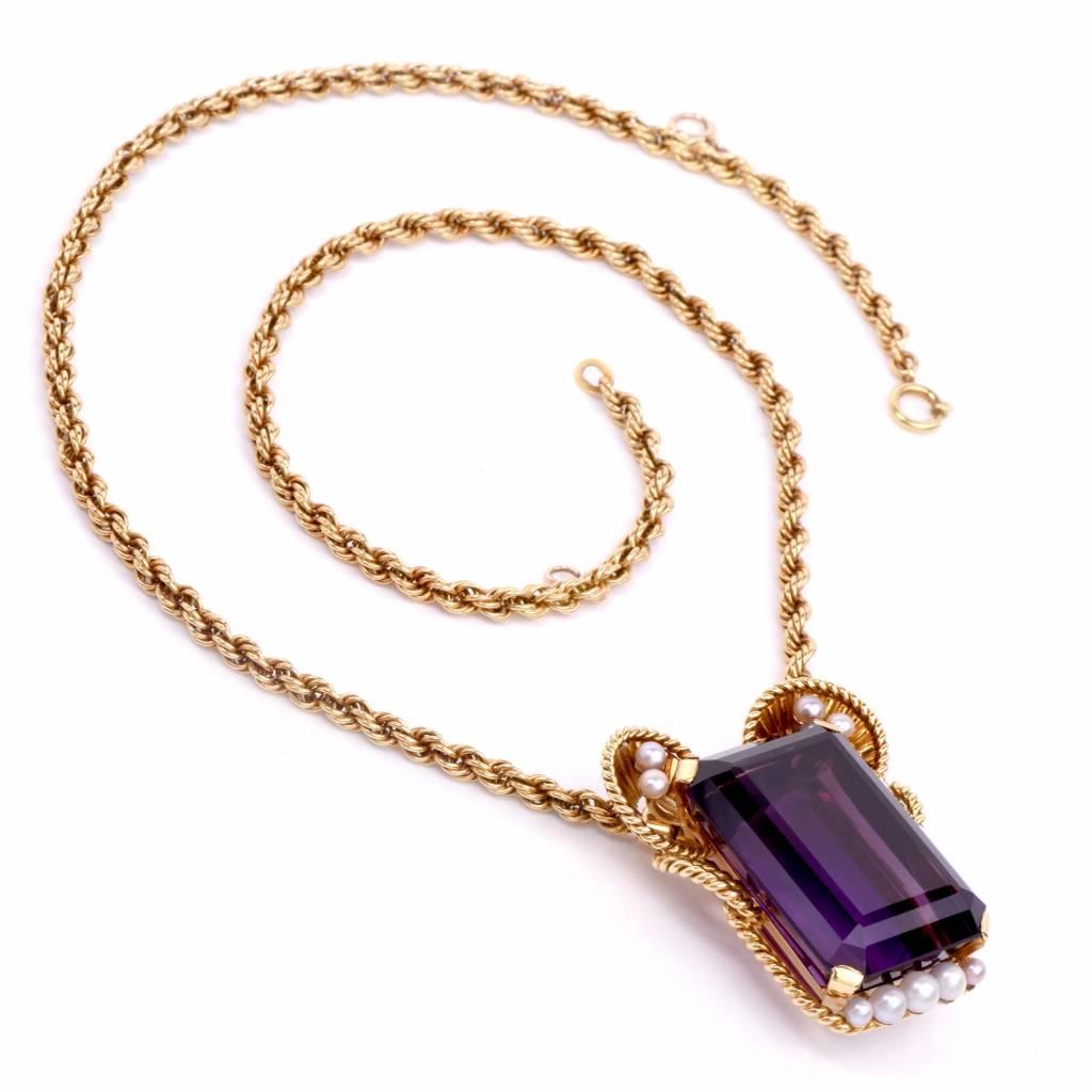 Emerald Cut Gueblin Vintage Retro Amethyst Seed Pearl Gold Pendant Necklace For Sale