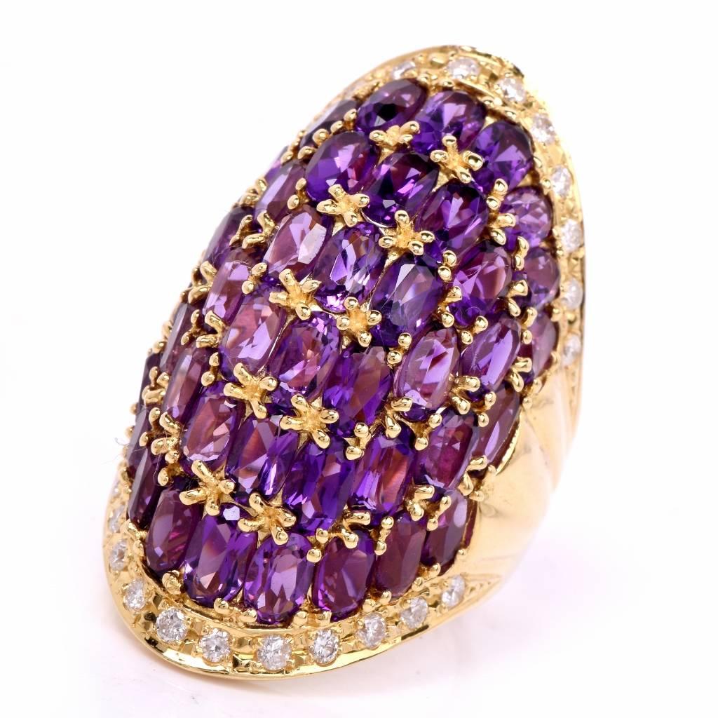 Estate Cluster Amethyst Diamond Gold Cocktail Ring In Excellent Condition In Miami, FL