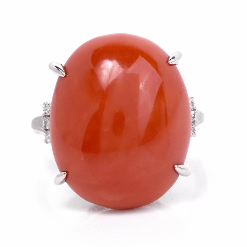 Vintage Natural Red Coral Platinum Diamond Ring In Excellent Condition In Miami, FL