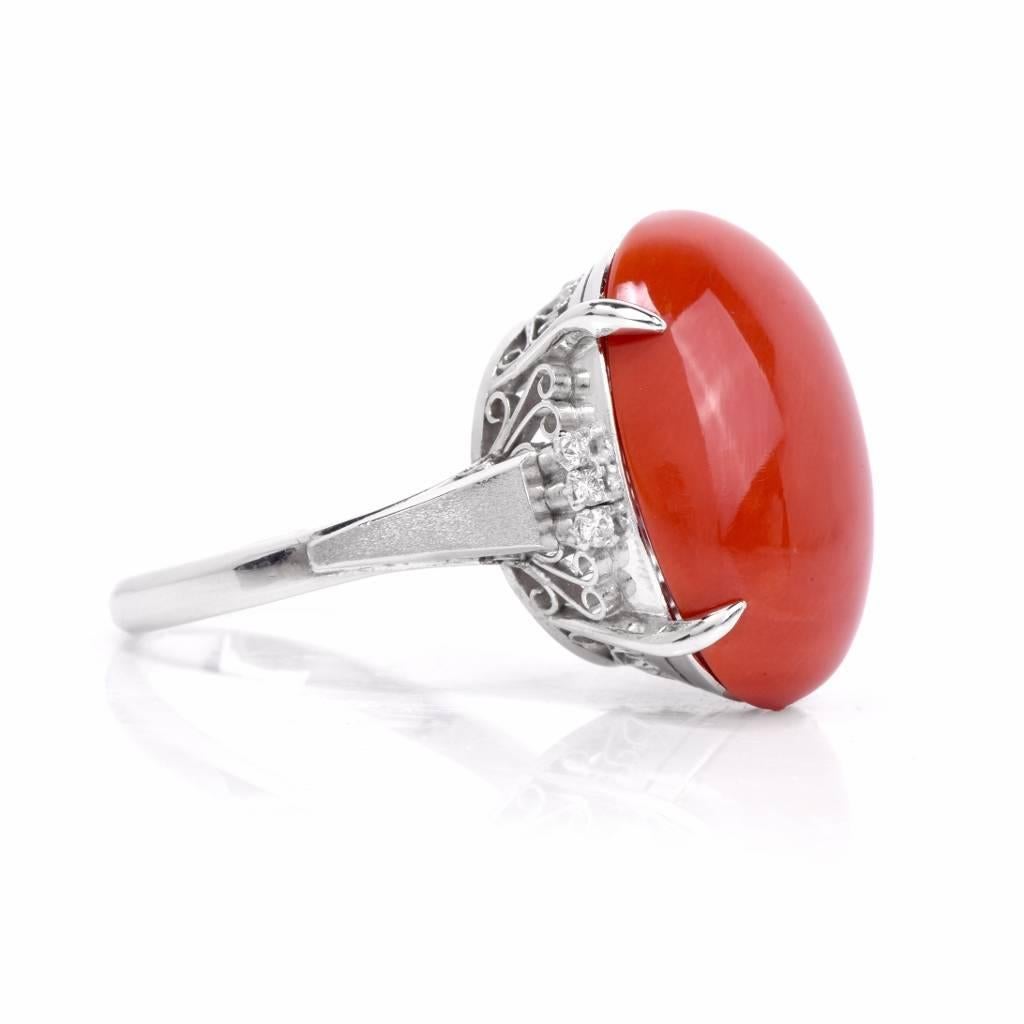 Vintage Natural Red Coral Platinum Diamond Ring 1