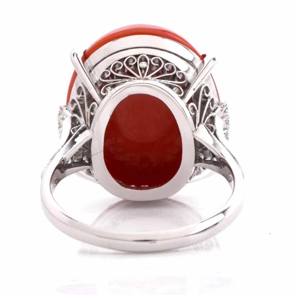 Vintage Natural Red Coral Platinum Diamond Ring 2