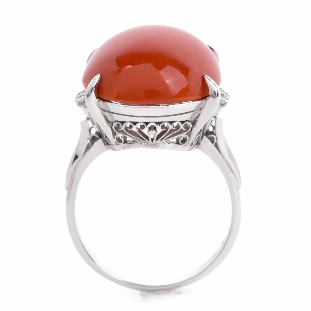 Vintage Natural Red Coral Platinum Diamond Ring 3