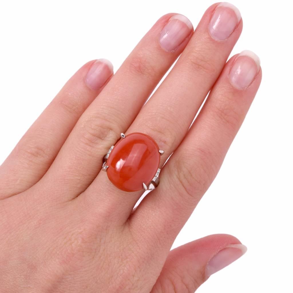 Women's Vintage Natural Red Coral Platinum Diamond Ring