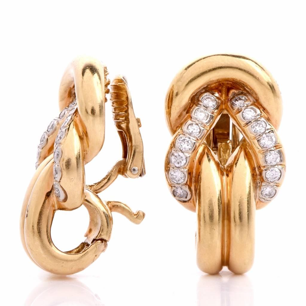 Diamond Gold Clip-Back Earrings In Excellent Condition In Miami, FL