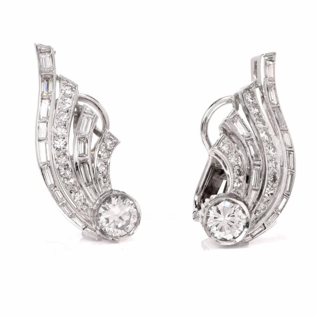 Art Deco 1950s Diamond Platinum Clip-Back Earrings