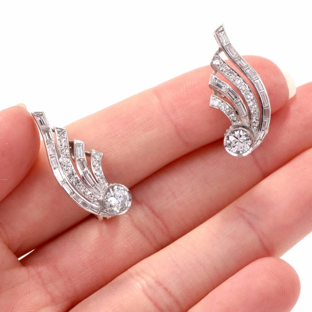 Women's 1950s Diamond Platinum Clip-Back Earrings
