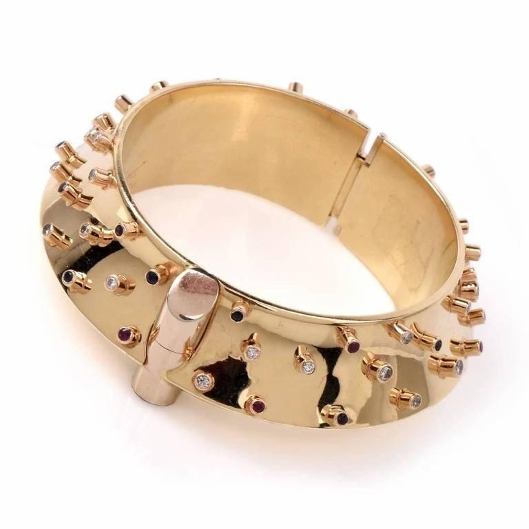 Retro David Stern Diamond Gem Wide Gold Bangle Bracelet