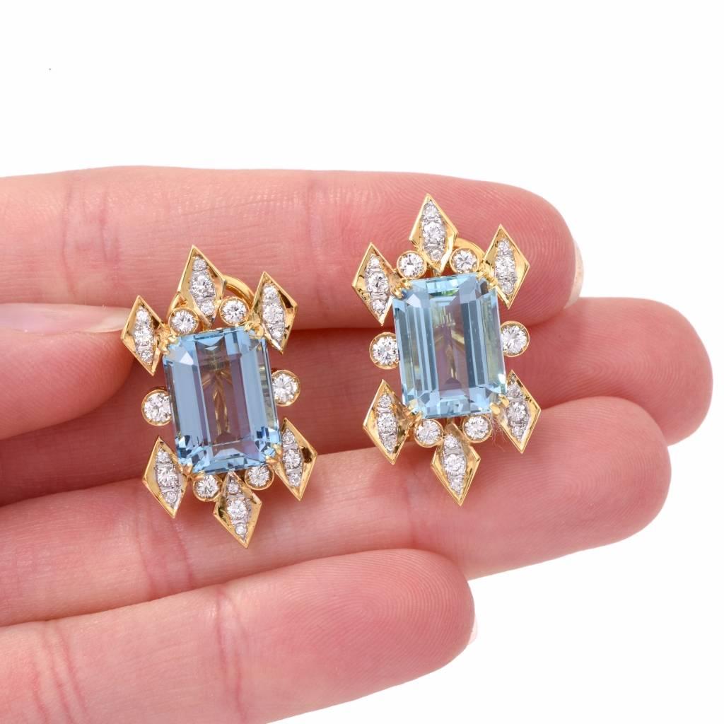 1960 Blue Topaz Diamond Gold Clip-Back Earrings 1
