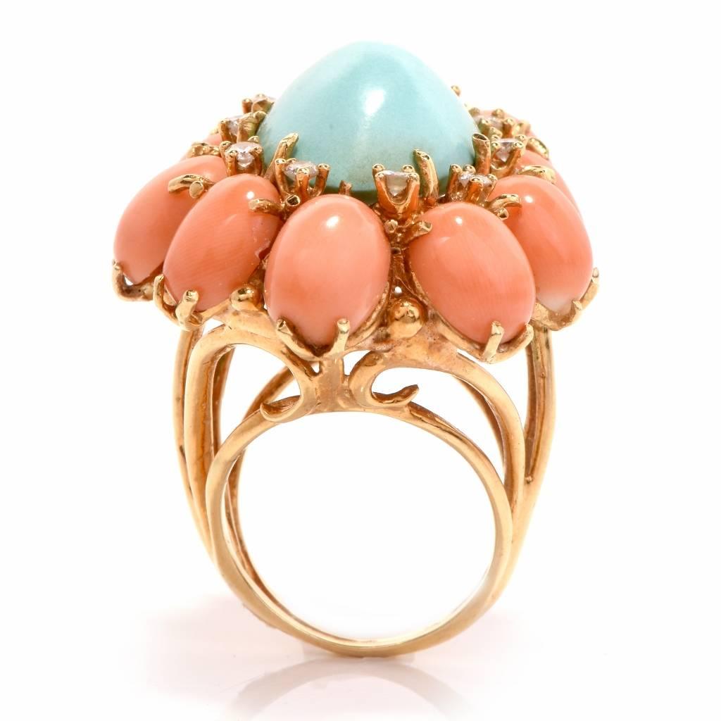 1970s Turquoise and Coral Cabochon Diamond 18 Karat Gold Cocktail Ring 1