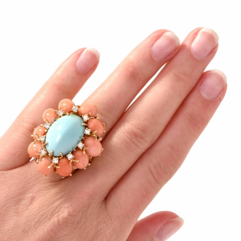 1970s Turquoise and Coral Cabochon Diamond 18 Karat Gold Cocktail Ring 3