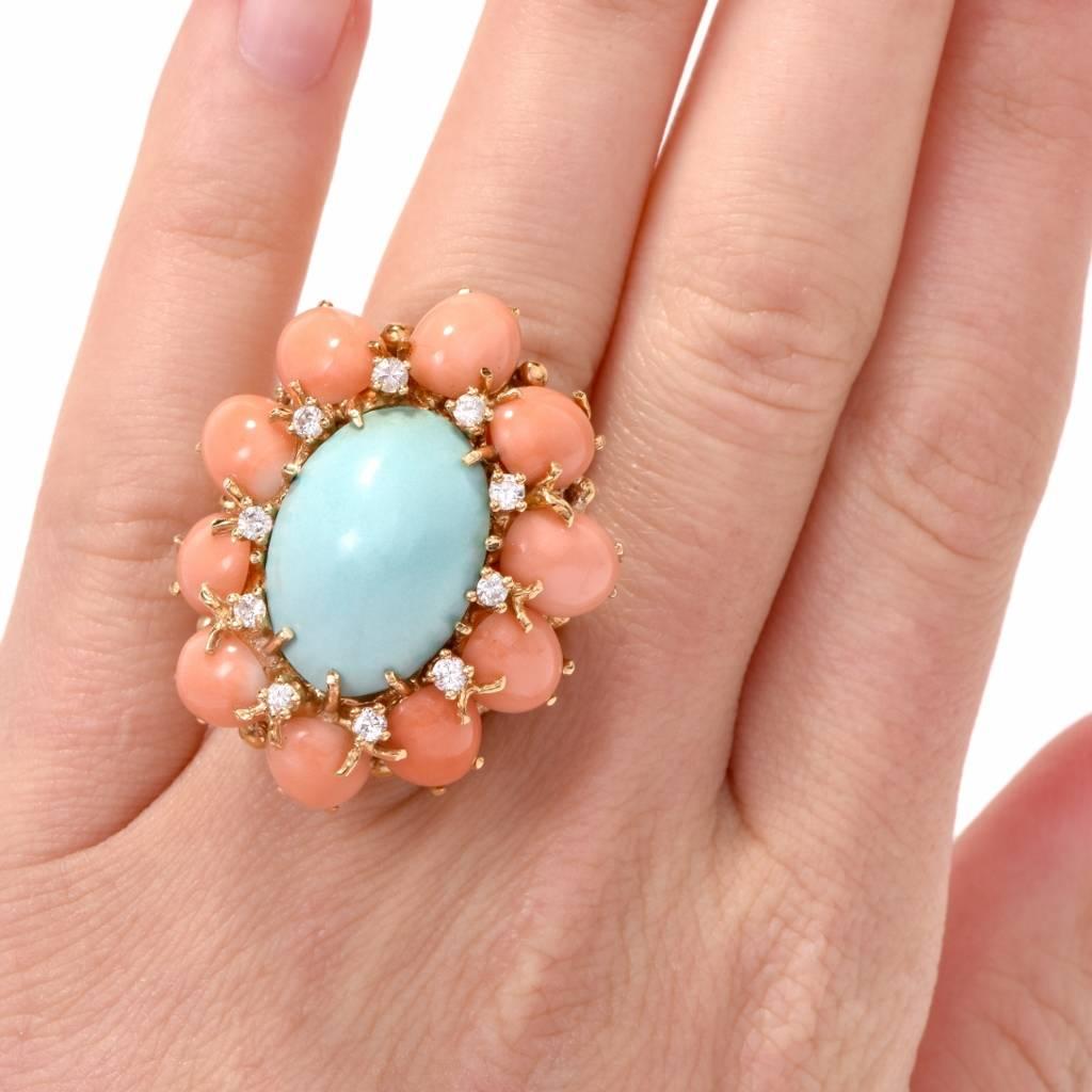 1970s Turquoise and Coral Cabochon Diamond 18 Karat Gold Cocktail Ring 2