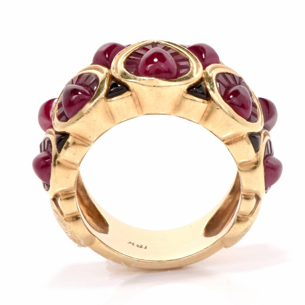 1980s Cluster Ruby 18 Karat Yellow Gold Wide Cocktail Ring 3