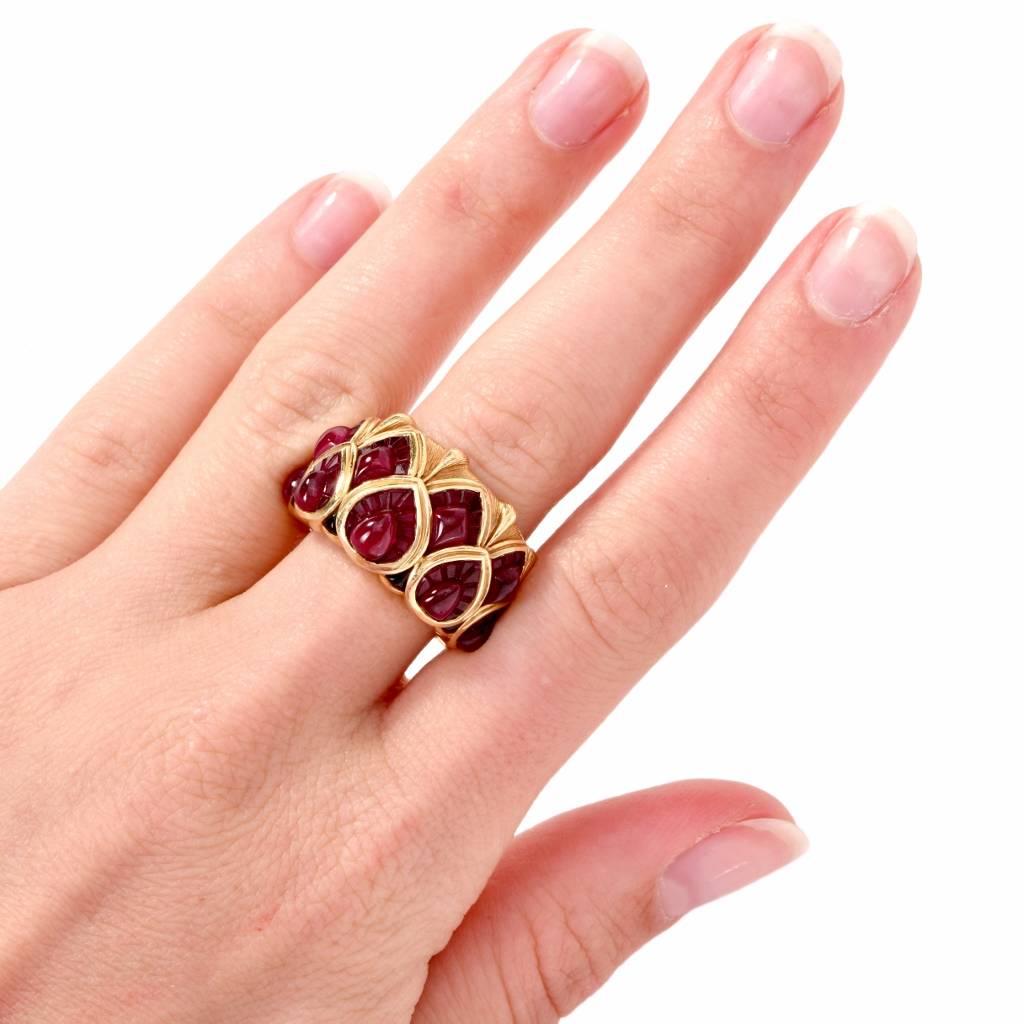 1980s Cluster Ruby 18 Karat Yellow Gold Wide Cocktail Ring 5