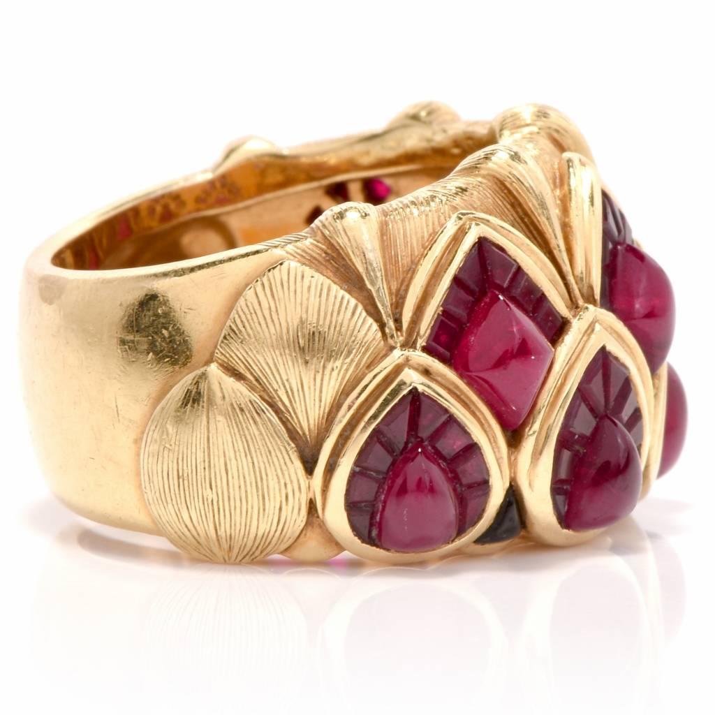 1980s Cluster Ruby 18 Karat Yellow Gold Wide Cocktail Ring 1