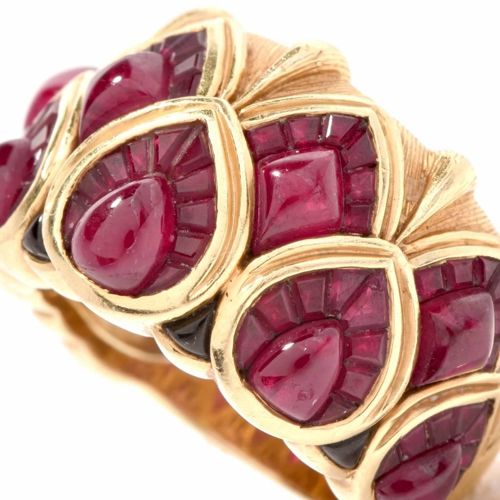 Women's 1980s Cluster Ruby 18 Karat Yellow Gold Wide Cocktail Ring