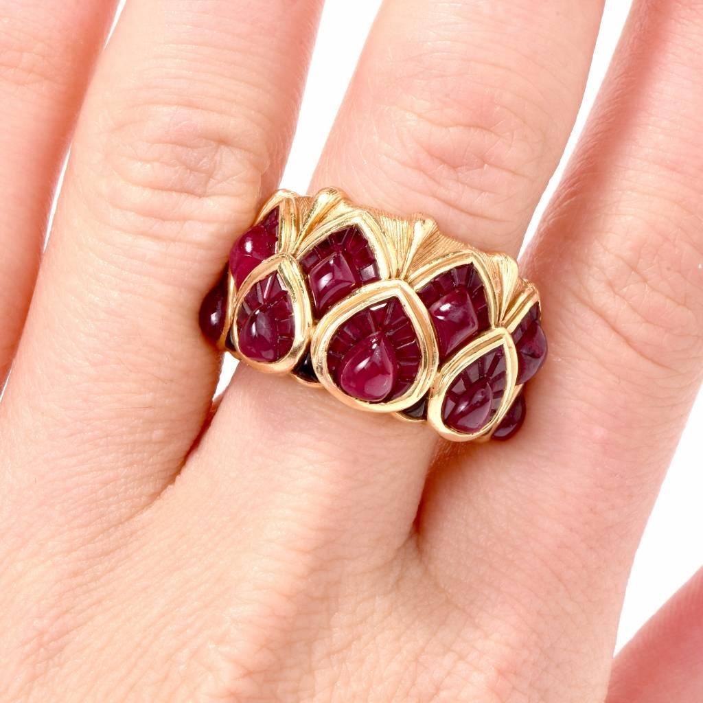 1980s Cluster Ruby 18 Karat Yellow Gold Wide Cocktail Ring 4