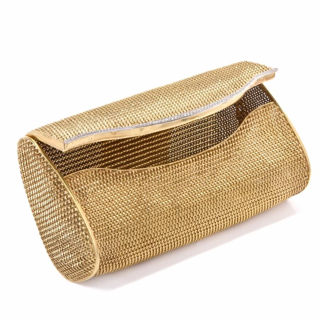 1960er Jahre Classic 18 Karat Mesh Gold und Diamant Clutch Handtasche (Rundschliff) im Angebot