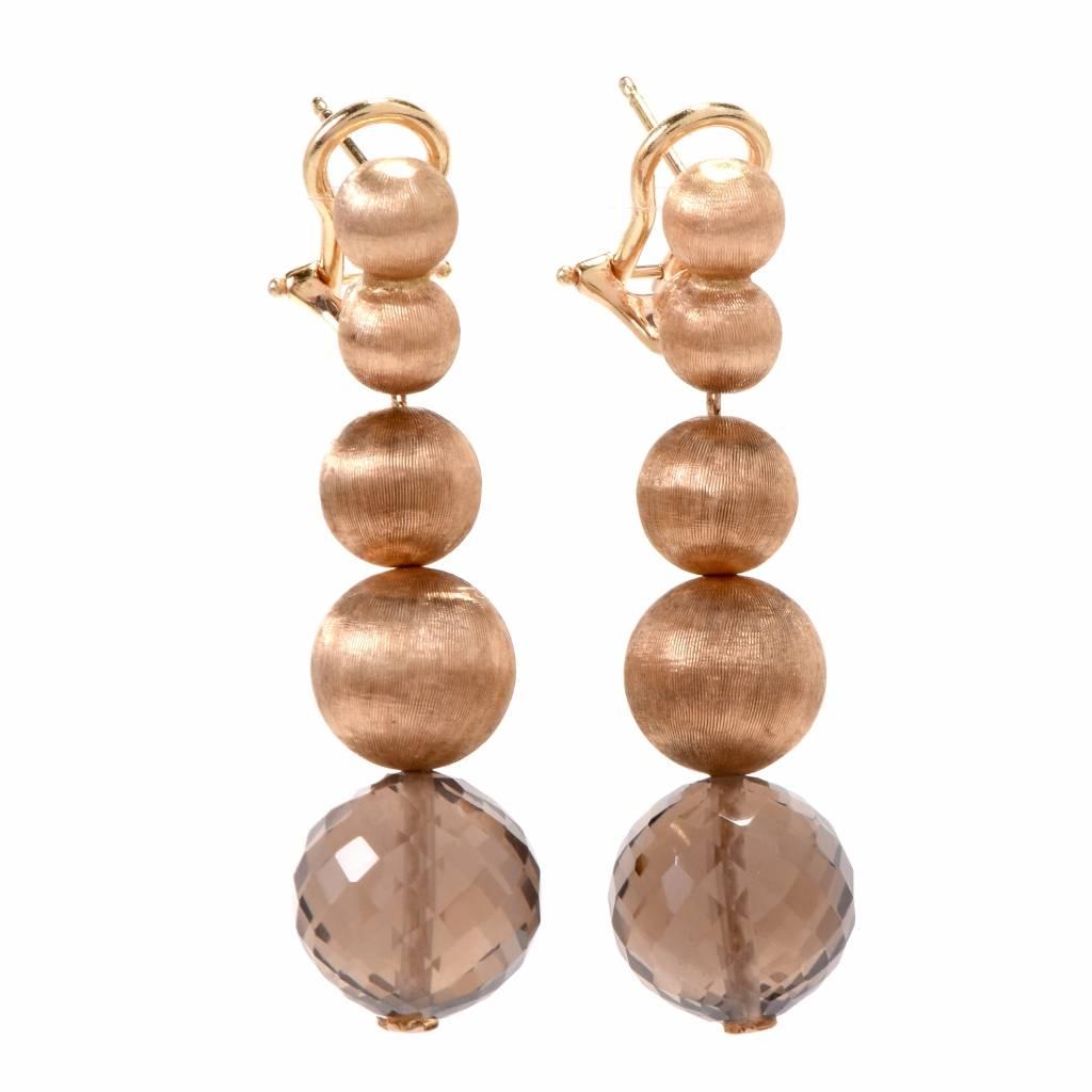 Gold Ball Smoky Quartz Pendant Earrings In Excellent Condition In Miami, FL