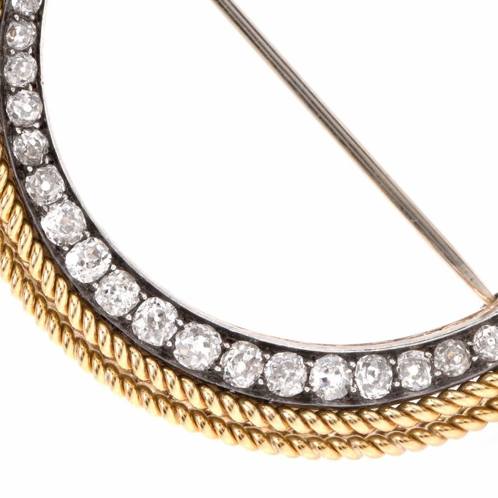Women's Antique Victorian Diamond Gold Crescent Motif Pin Brooch