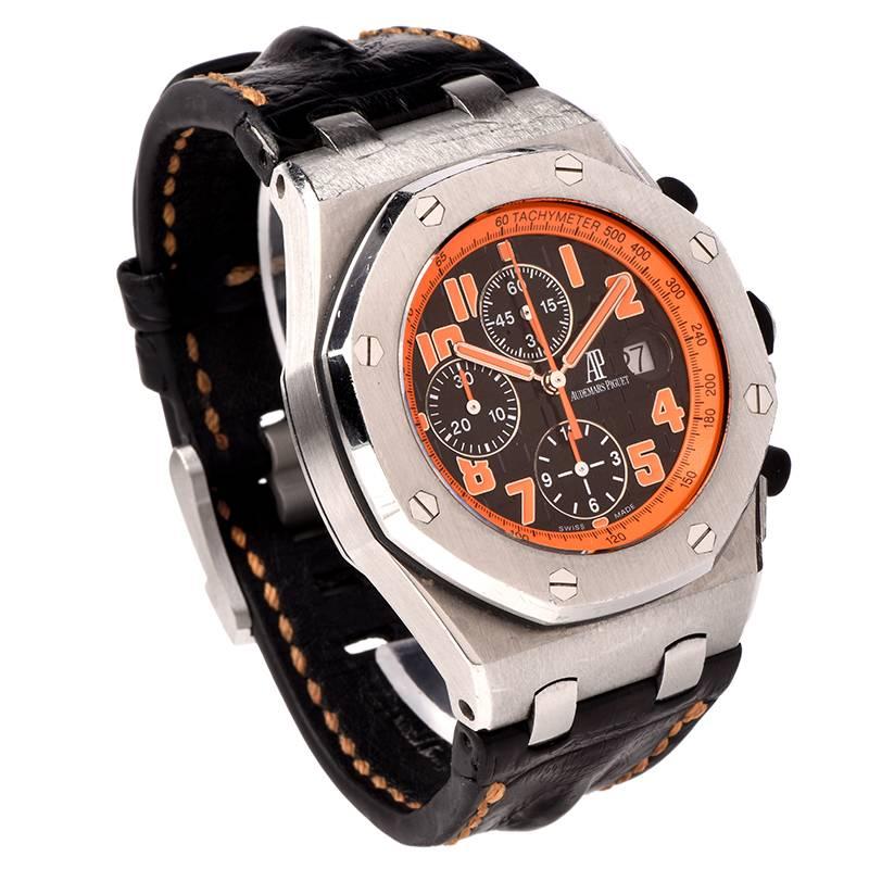 Audemars Piguet, Royal Oak Off shore Chronograph Men Watch in Stainless Steel Case, Crocodile Skin bracelet, steel Clasp, with Self Winding Automatic movement, Sapphire crystal, Black & Orange dial, Measuring 42 x 54 x 14mm in Mint Condition