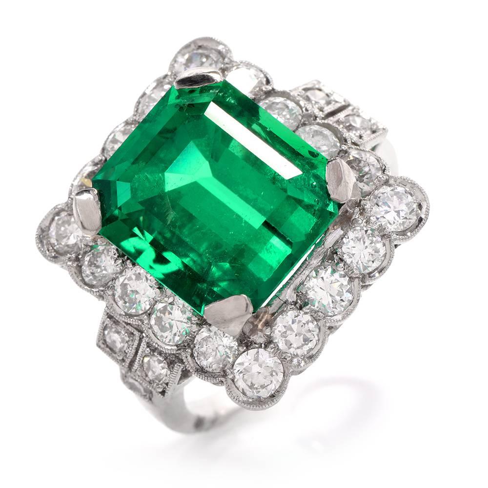 Art Deco Remarkable No-Oil 7.26 Carat Colombian Emerald Diamond Platinum Ring