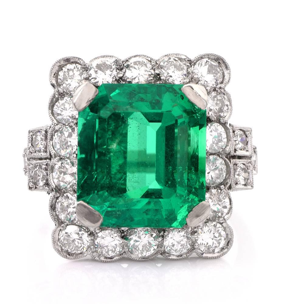 This extremely  Rare Gem quality Emerald set inside a vintage late 1950's solid platinum mounting designed as a rectangular plaque, weighing approx. 7.72 carats AGL certified to be without any treatments at all not even oil (note: 99.999% of
