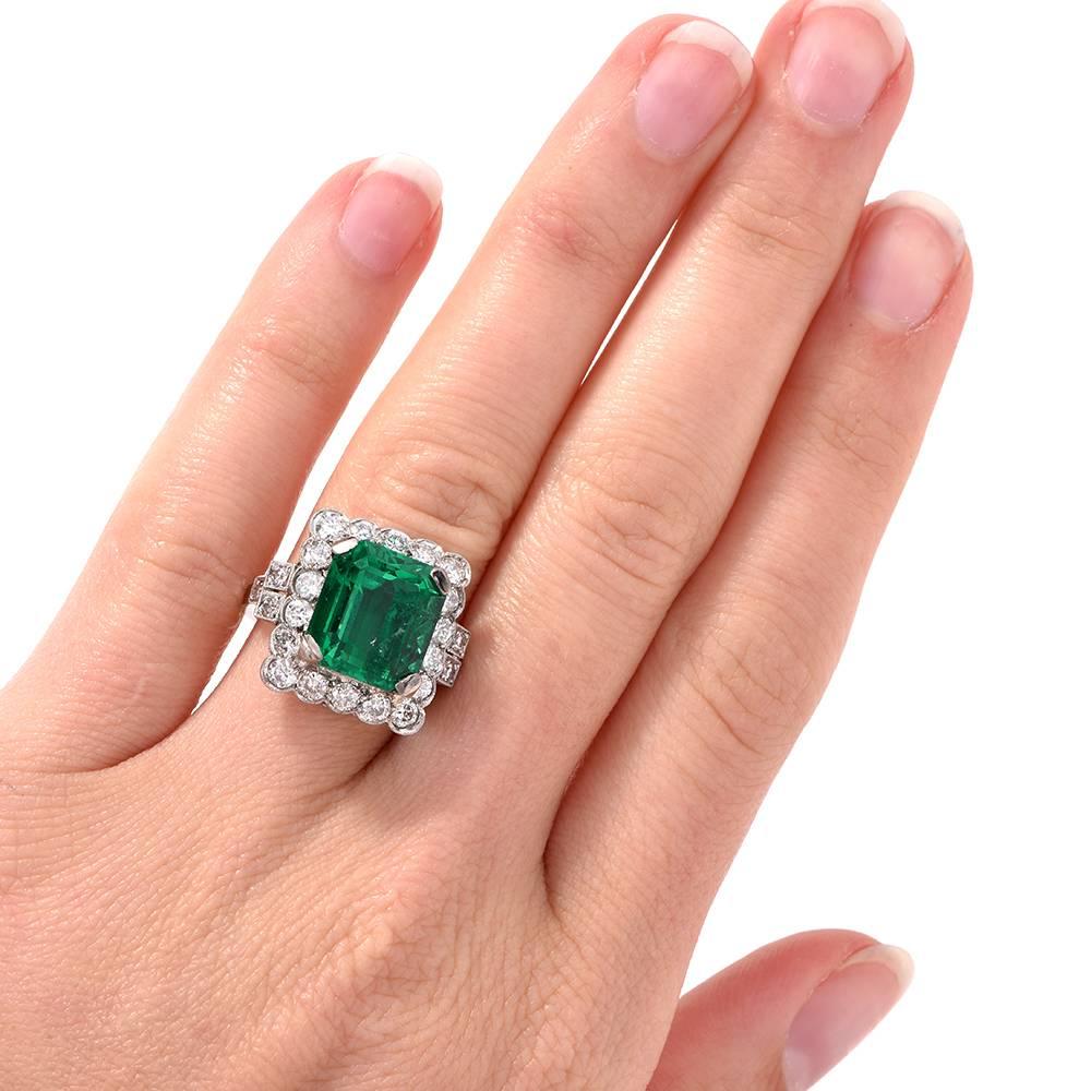 Emerald Cut Remarkable No-Oil 7.26 Carat Colombian Emerald Diamond Platinum Ring