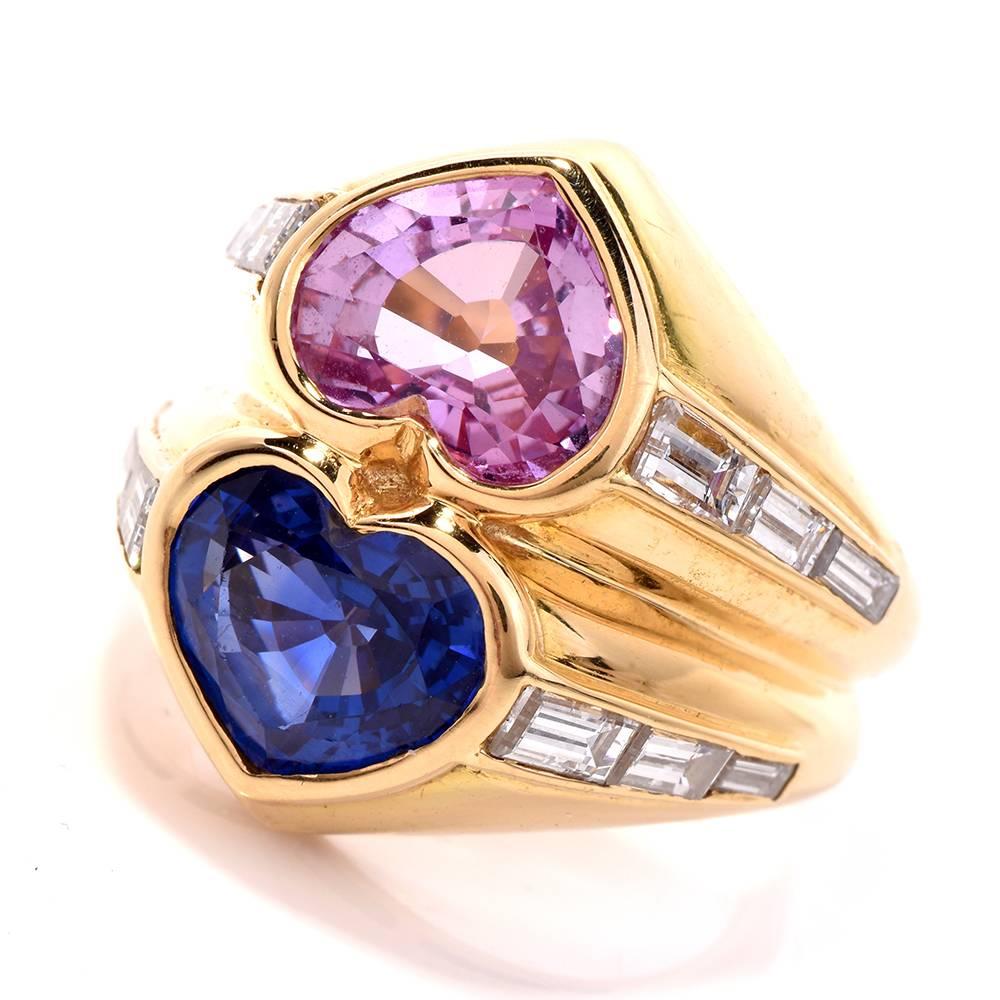 Bvlgari Natural No-Heat Heart-Shape Sapphires and Diamond Gold Ring In Excellent Condition In Miami, FL